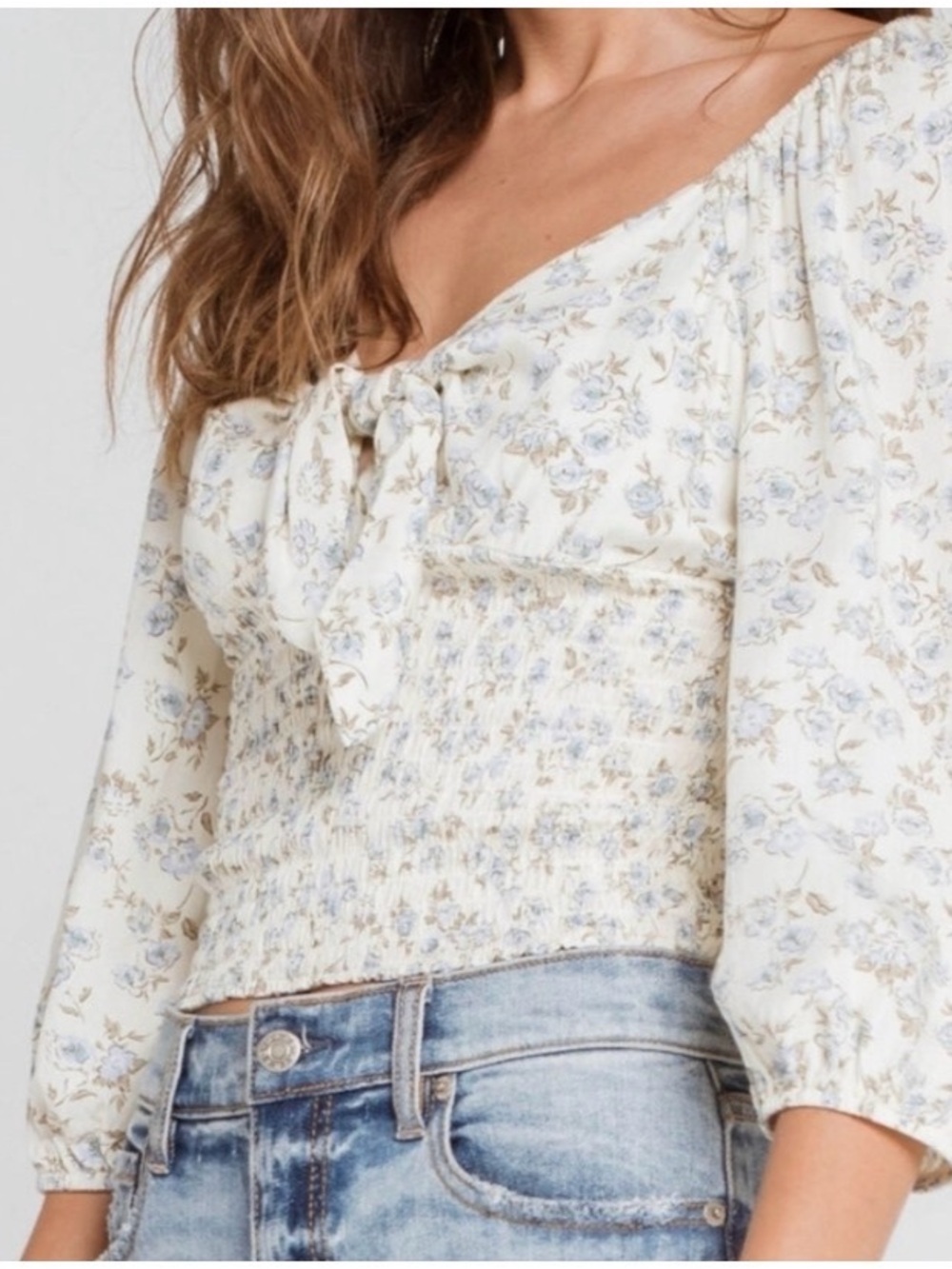 West of Melrose Women’s Floral Stretch  Gathered Waist Long Sleeve Blouse Large